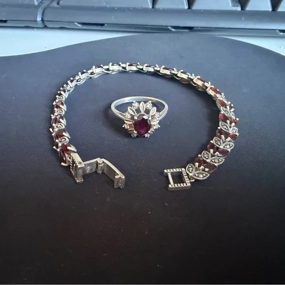 Sterling silver Garnet and Silver Floral Bracelet and Ring (size 10)